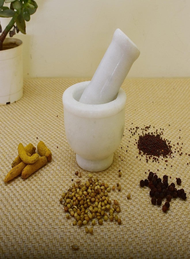 KunhaR Natural White Marble Mortar and Pestle Set, Imam Dasta, Ohkli Musal, Kharal - 3 x 2.5 Inches, White, (Half Polish) - Image 4